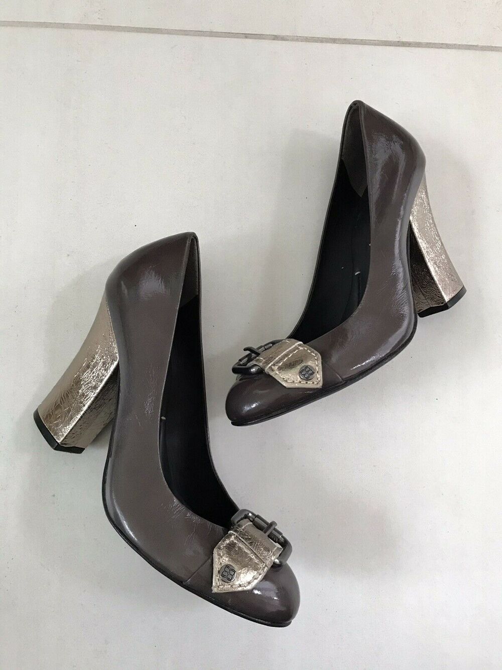 BCBGMaxAzria Javana Patent Leather Metallic Foil Block Heels FLAWS